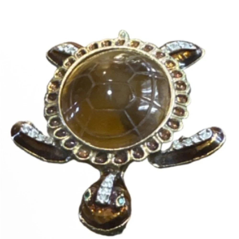 vintage gold-tone turtle brooch cabochon shell & amber rhinestone accents